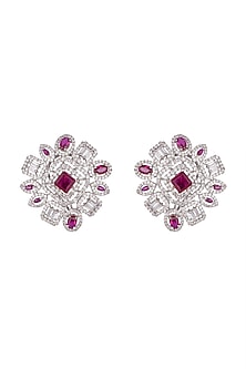 White Finish Faux Diamond & Stone Stud Earrings