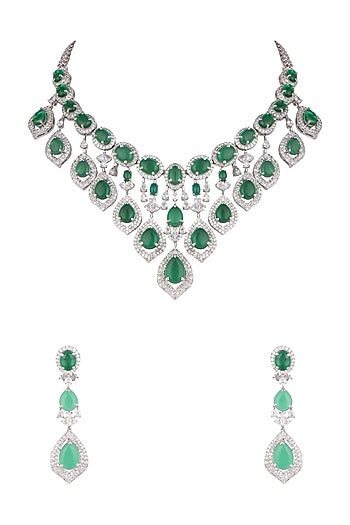 White Finish Faux Diamond & Green Stone Necklace Set