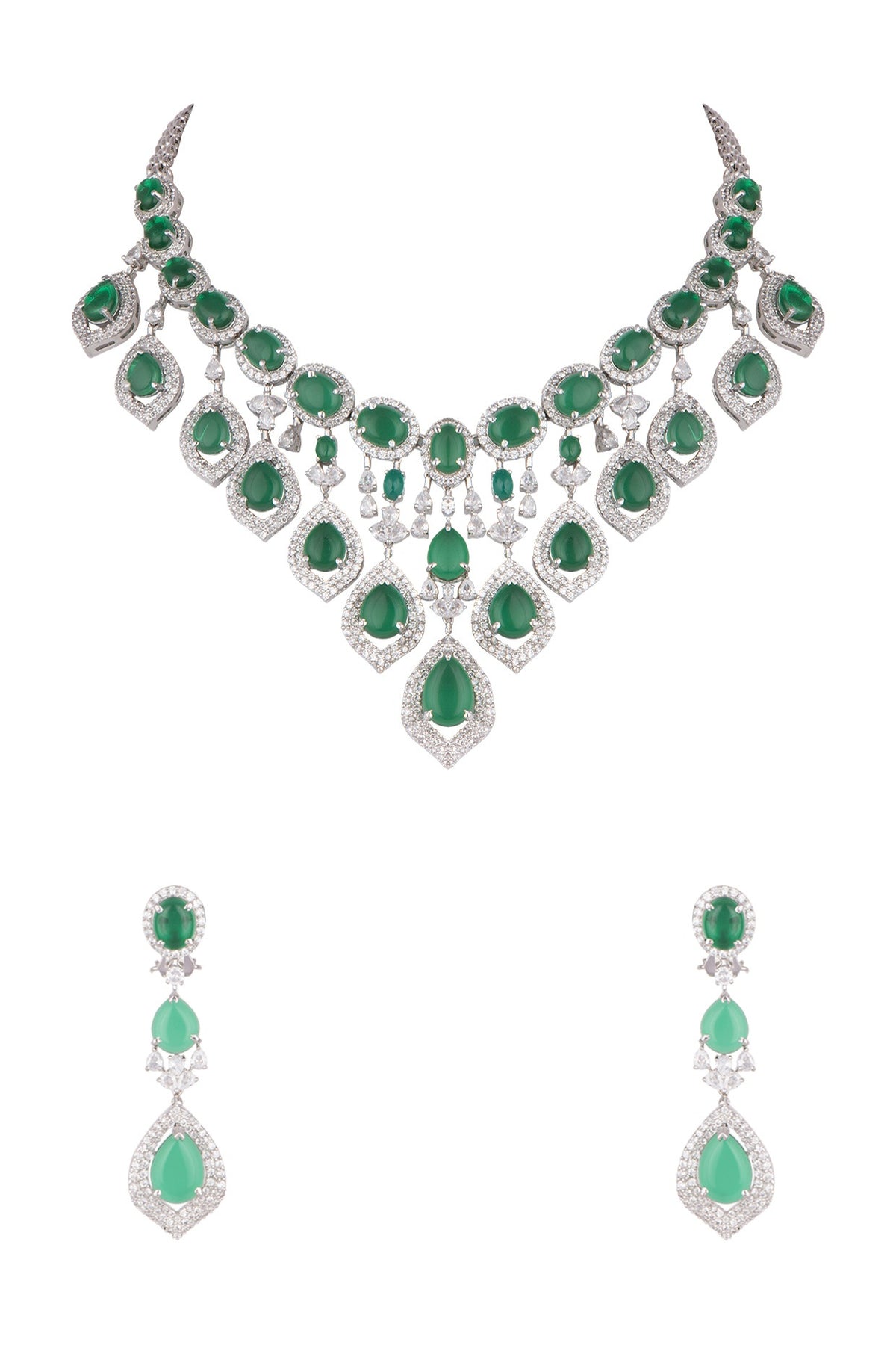 White Finish Faux Diamond & Green Stone Necklace Set