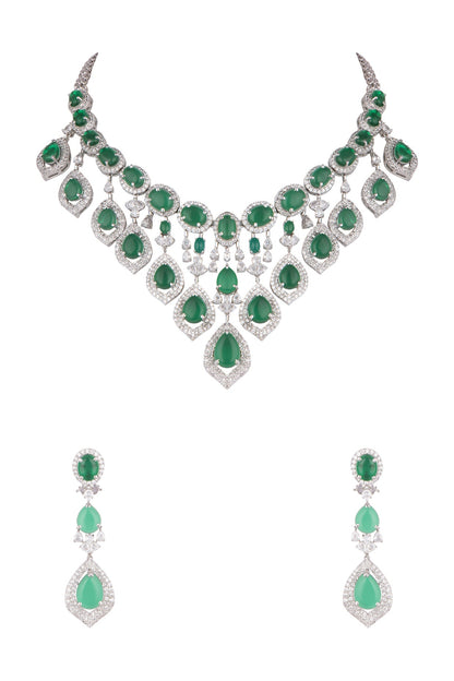 White Finish Faux Diamond & Green Stone Necklace Set