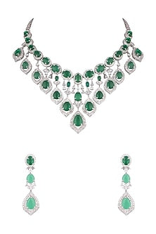 White Finish Faux Diamond & Green Stone Necklace Set