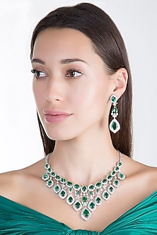 White Finish Faux Diamond & Green Stone Necklace Set