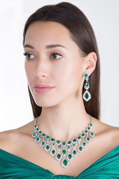 White Finish Faux Diamond & Green Stone Necklace Set