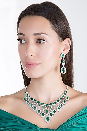 White Finish Faux Diamond & Green Stone Necklace Set