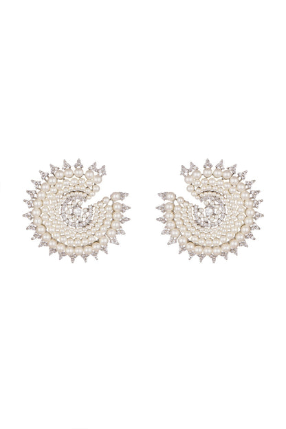 White Finish Pearl & Faux Diamond Earrings
