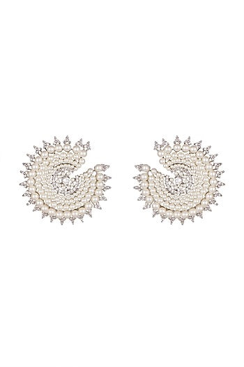 White Finish Pearl & Faux Diamond Earrings