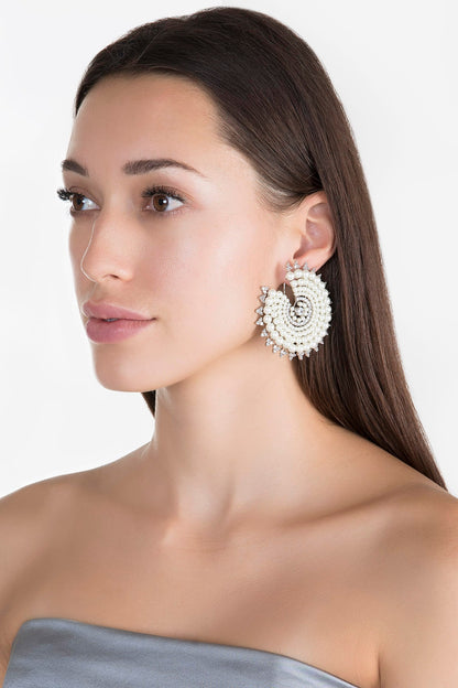 White Finish Pearl & Faux Diamond Earrings