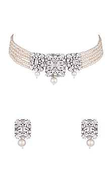 Black Rhodium Finish Faux Diamond & Pearl Choker Necklace Set