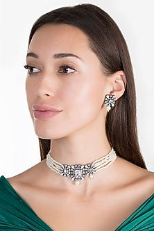 Black Rhodium Finish Faux Diamond & Pearl Choker Necklace Set