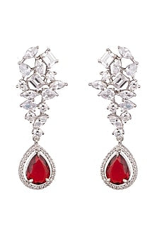 White Finish Red Stone & Diamond Earrings