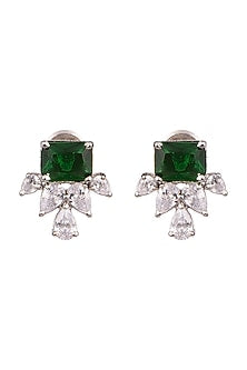 White Finish Earrings With Green Stones