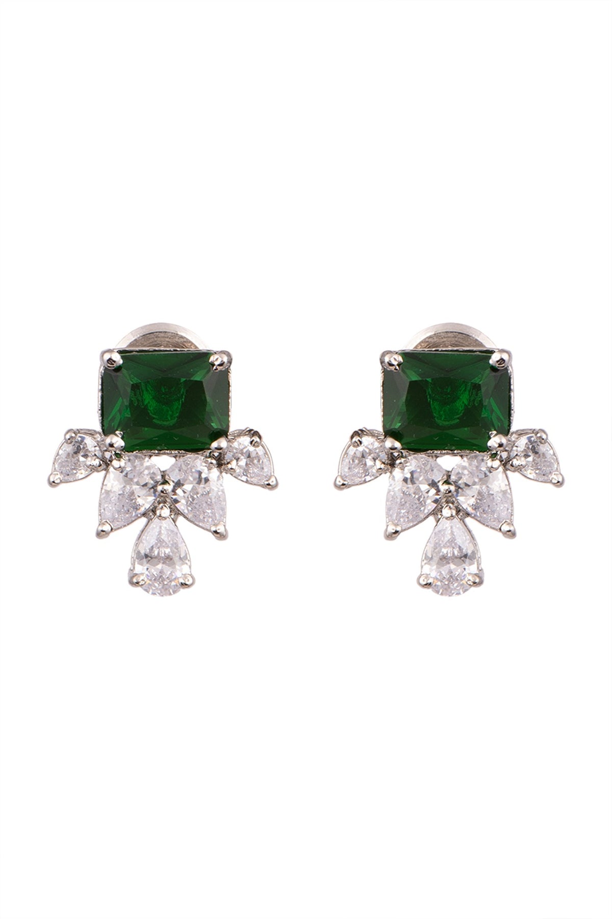 White Finish Earrings With Green Stones