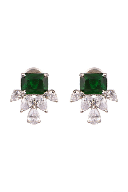 White Finish Earrings With Green Stones