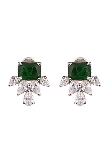 White Finish Earrings With Green Stones