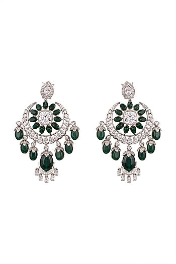 White Finish Green Stone Drop Earrings