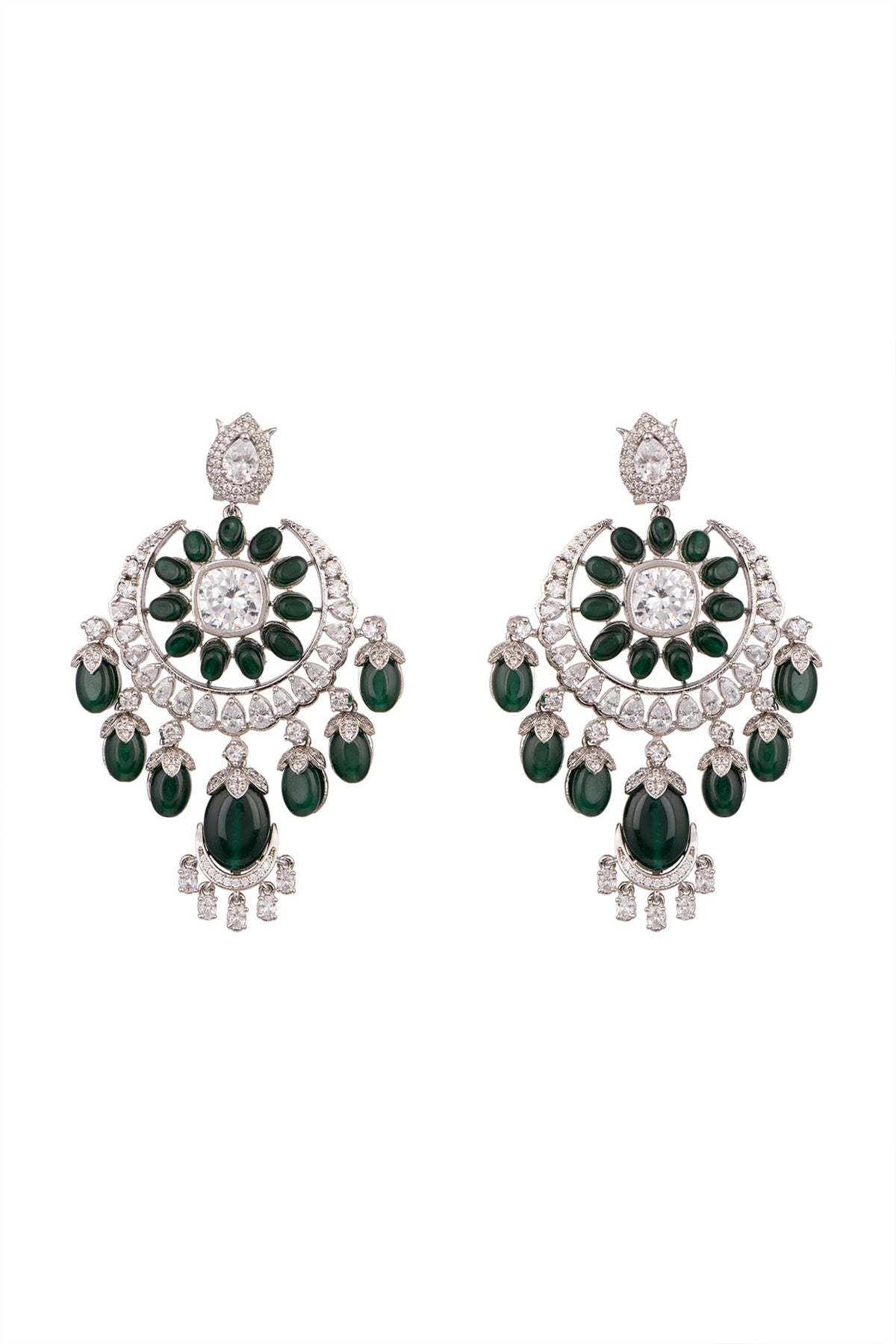 White Finish Green Stone Drop Earrings
