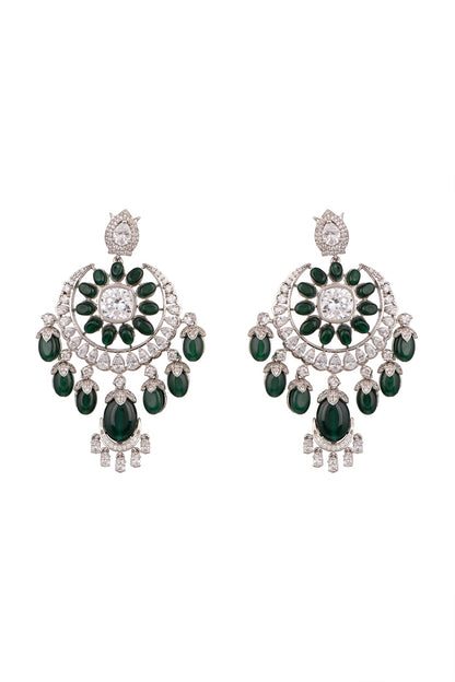 White Finish Green Stone Drop Earrings