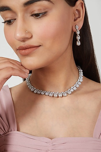 White Finish Necklace Set With Diamonds