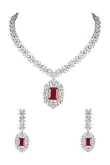 White Finish Red Stone Choker Necklace Set