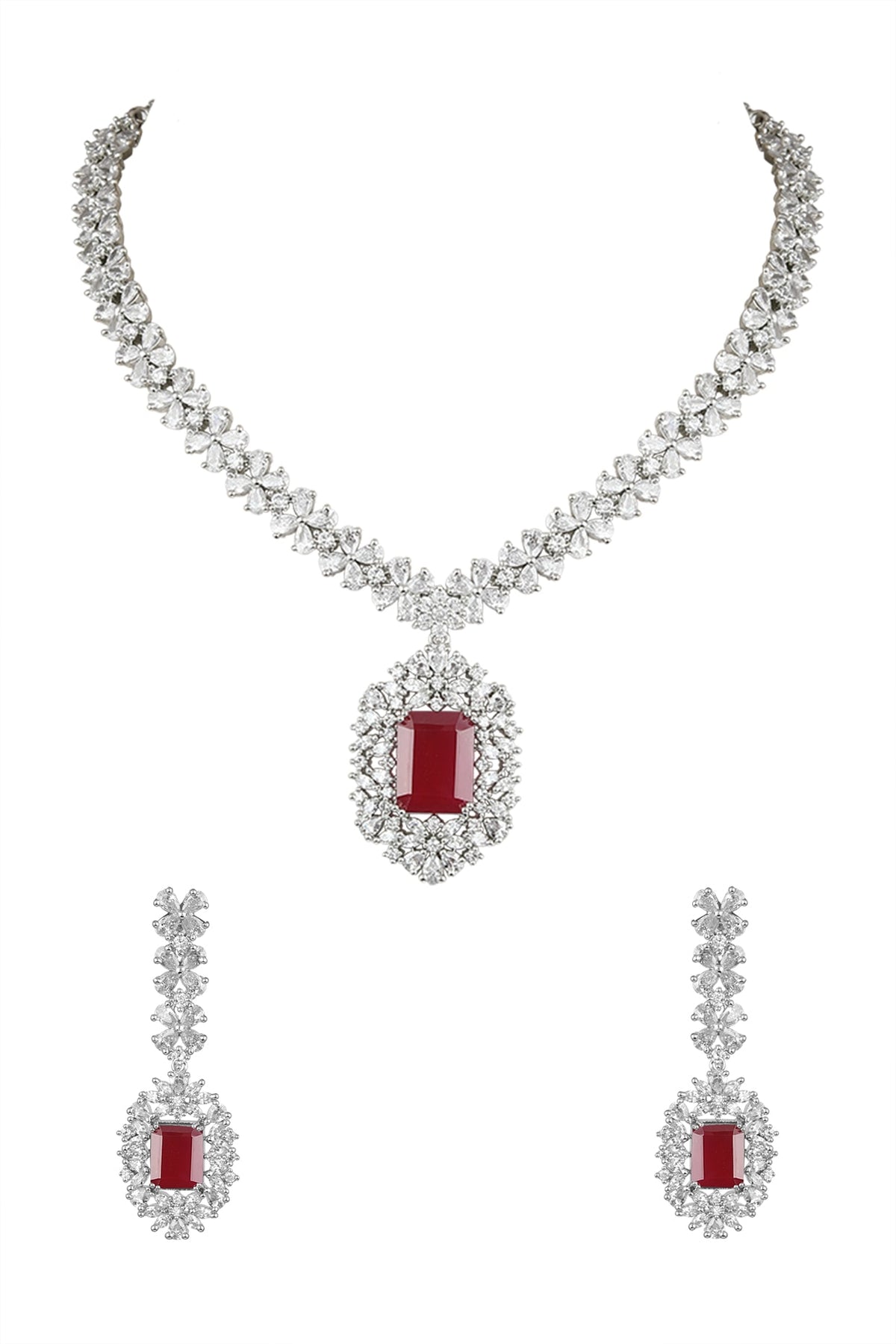 White Finish Red Stone Choker Necklace Set