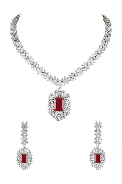 White Finish Red Stone Choker Necklace Set