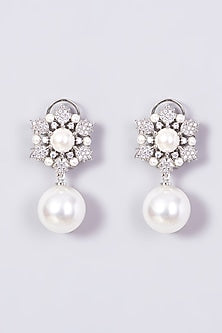 White Finish Pearl & Zircon Earrings
