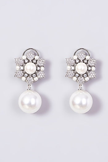 White Finish Pearl & Zircon Earrings