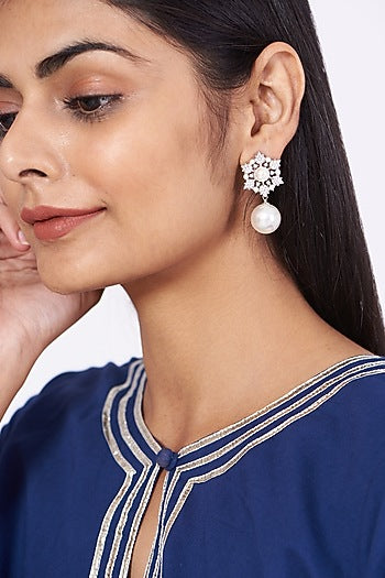 White Finish Pearl & Zircon Earrings