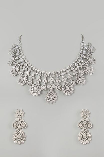 White Finish Faux Diamond Necklace Set