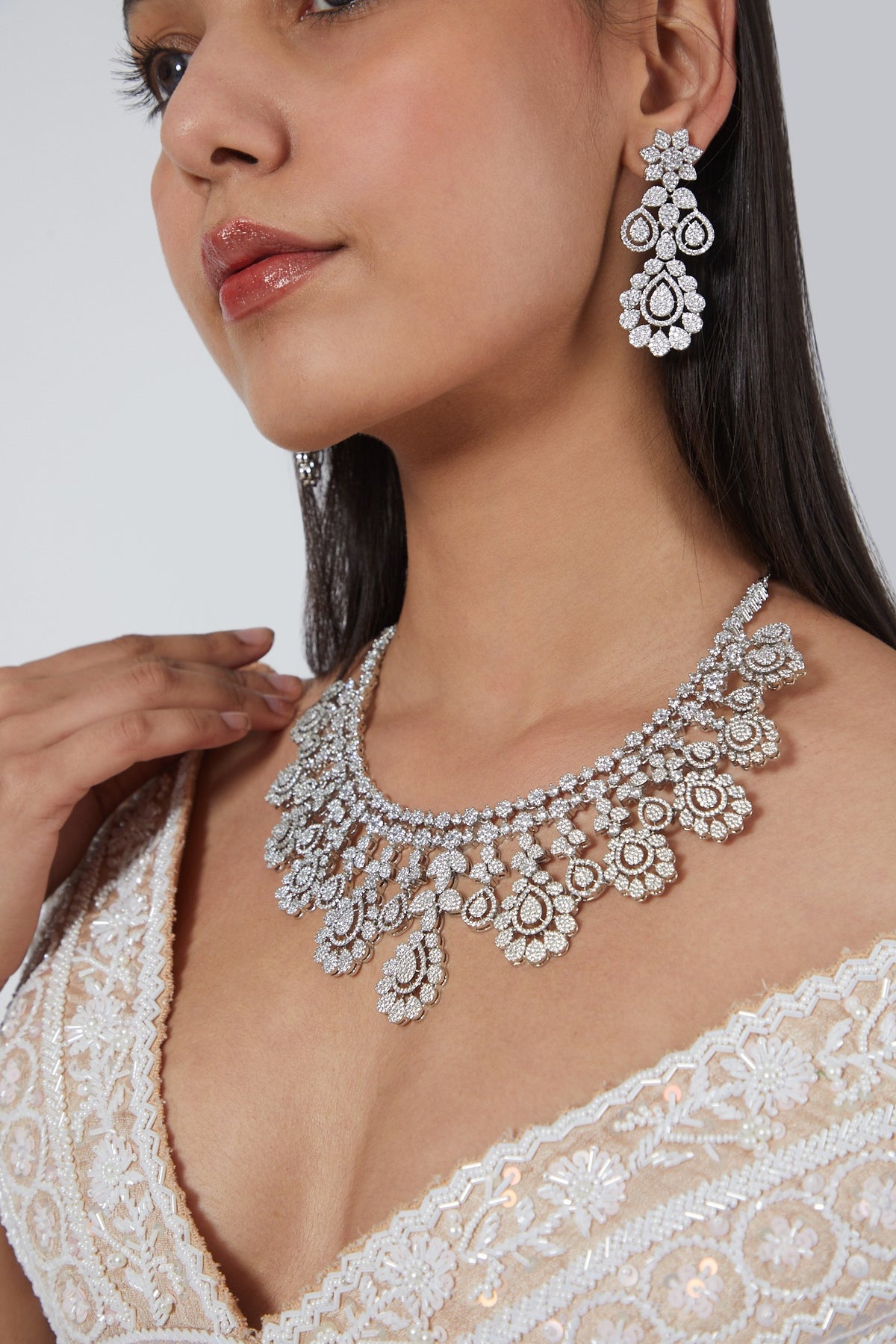 White Finish Faux Diamond Necklace Set