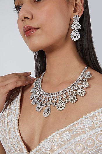 White Finish Faux Diamond Necklace Set