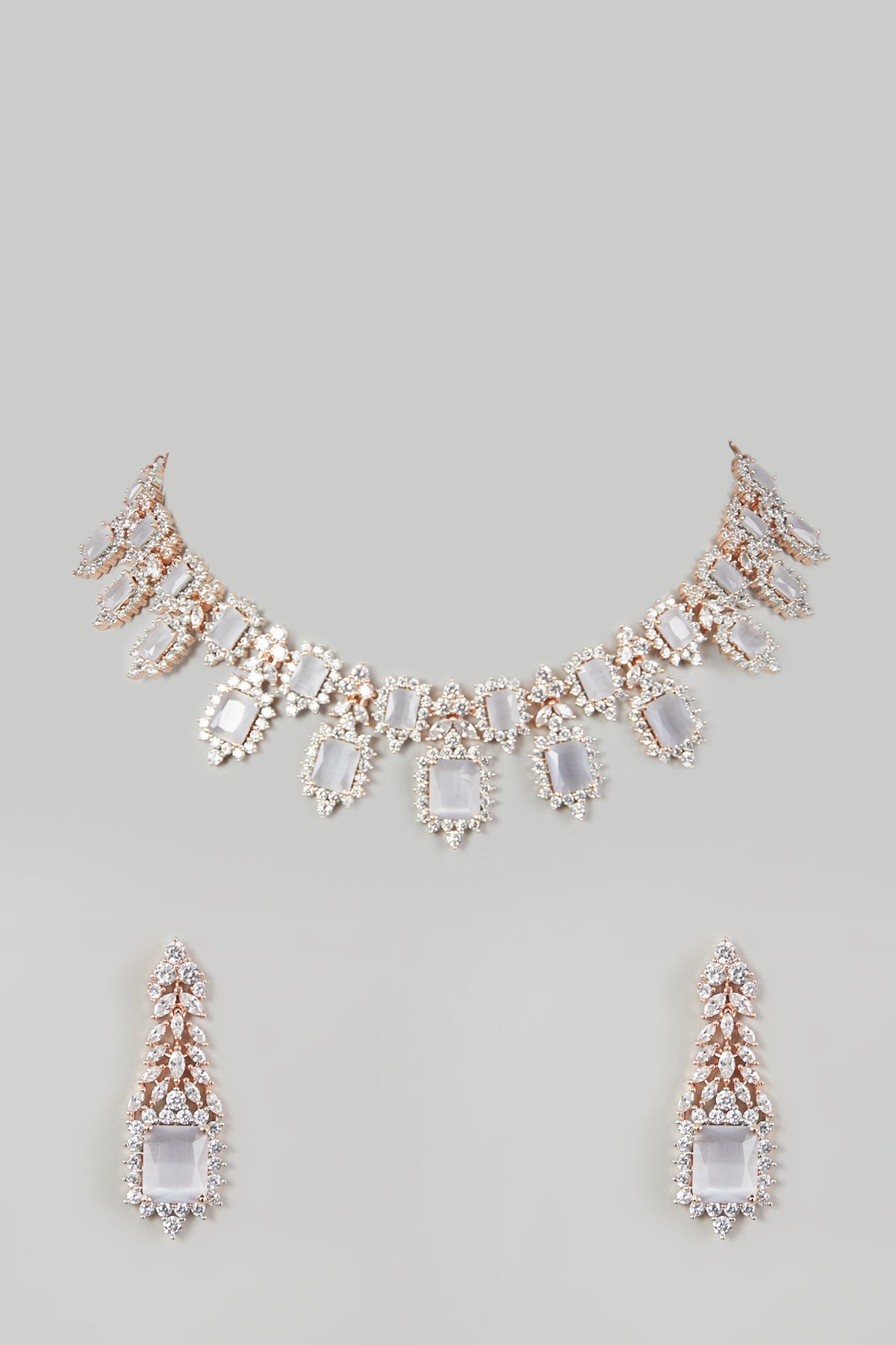 White Finish Necklace Set With Faux Diamonds