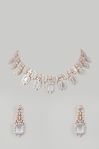White Finish Necklace Set With Faux Diamonds