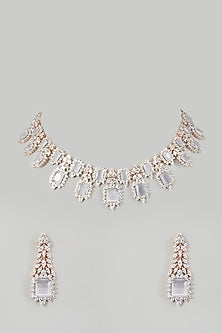 White Finish Necklace Set With Faux Diamonds