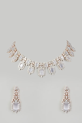 White Finish Necklace Set With Faux Diamonds