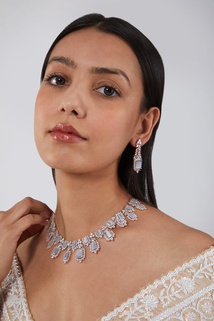 White Finish Necklace Set With Faux Diamonds