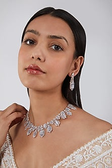 White Finish Necklace Set With Faux Diamonds