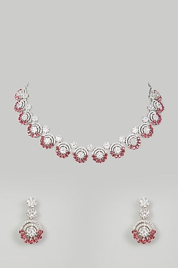 White Finish Red Faux Diamond Necklace Set