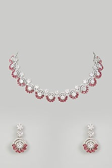White Finish Red Faux Diamond Necklace Set