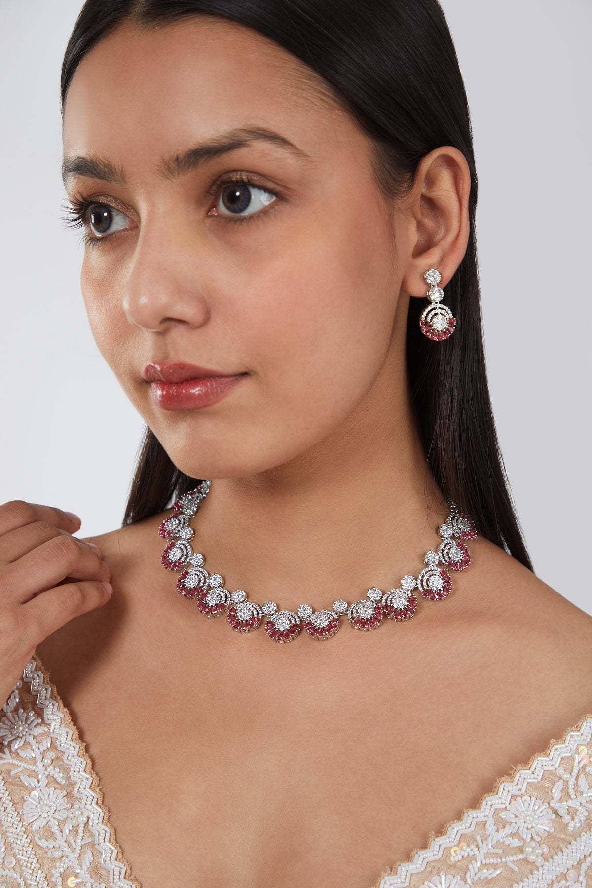 White Finish Red Faux Diamond Necklace Set