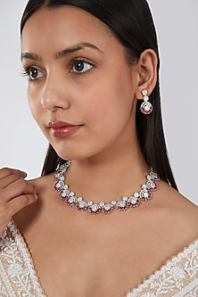 White Finish Red Faux Diamond Necklace Set