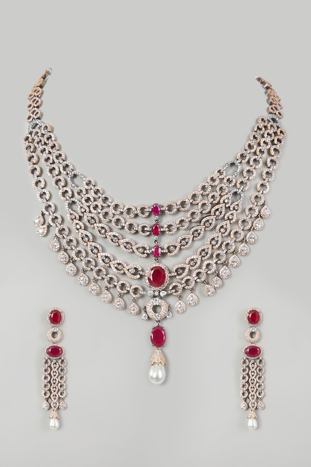 Two Tone Finish Red Zircon Necklace Set