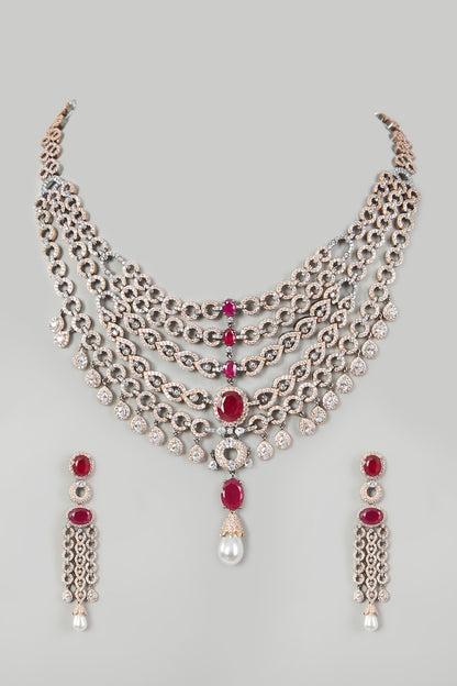 Two Tone Finish Red Zircon Necklace Set