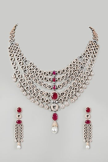 Two Tone Finish Red Zircon Necklace Set