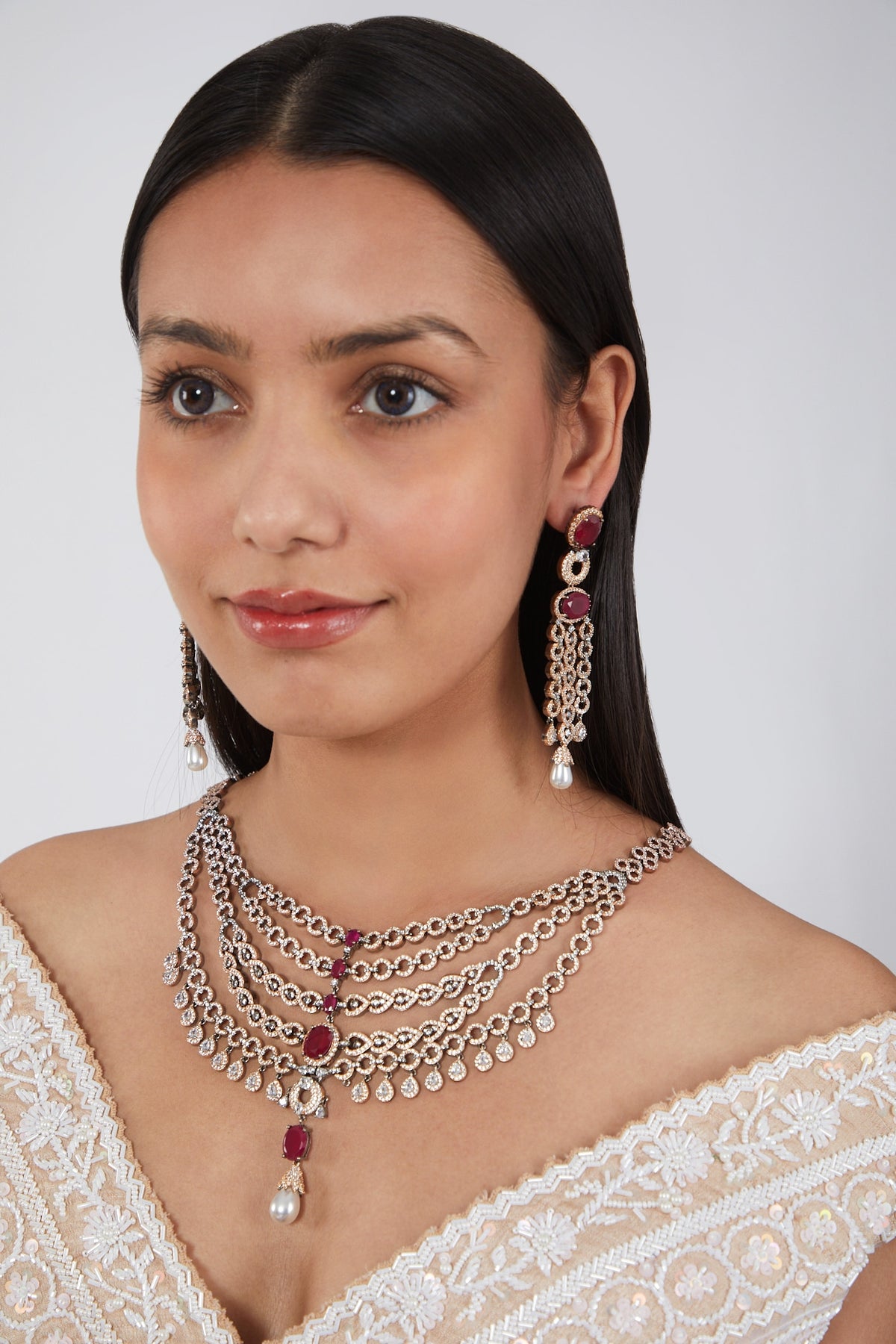 Two Tone Finish Red Zircon Necklace Set