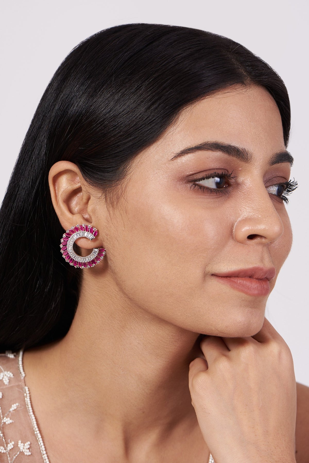 Rose Gold Finish Red Synthetic Stone & Zircon Hoop Earrings
