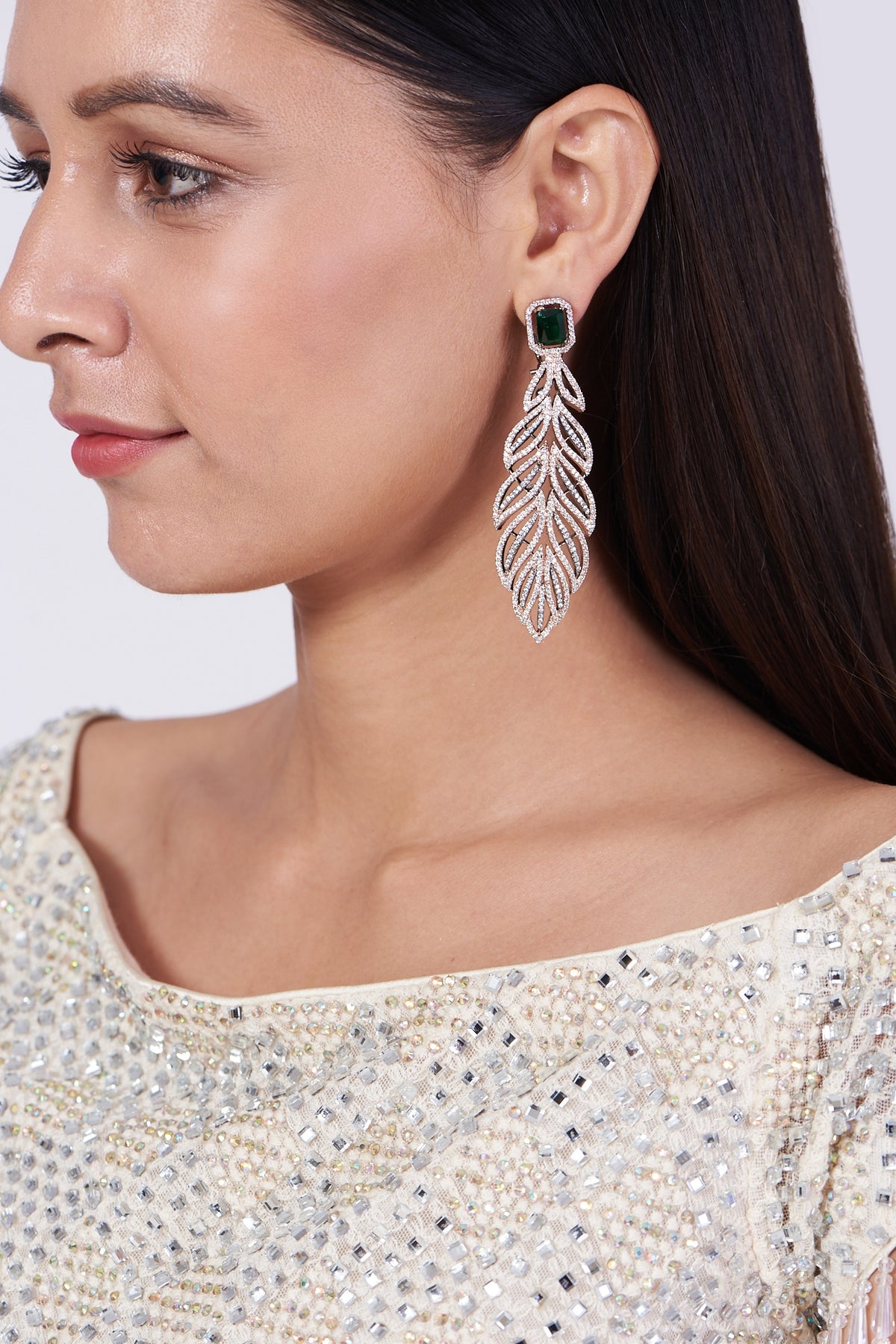 Two-Tone Finish Faux Diamond Leaf Earrings