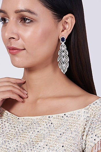 White Finish Faux Diamond Leaf Earrings