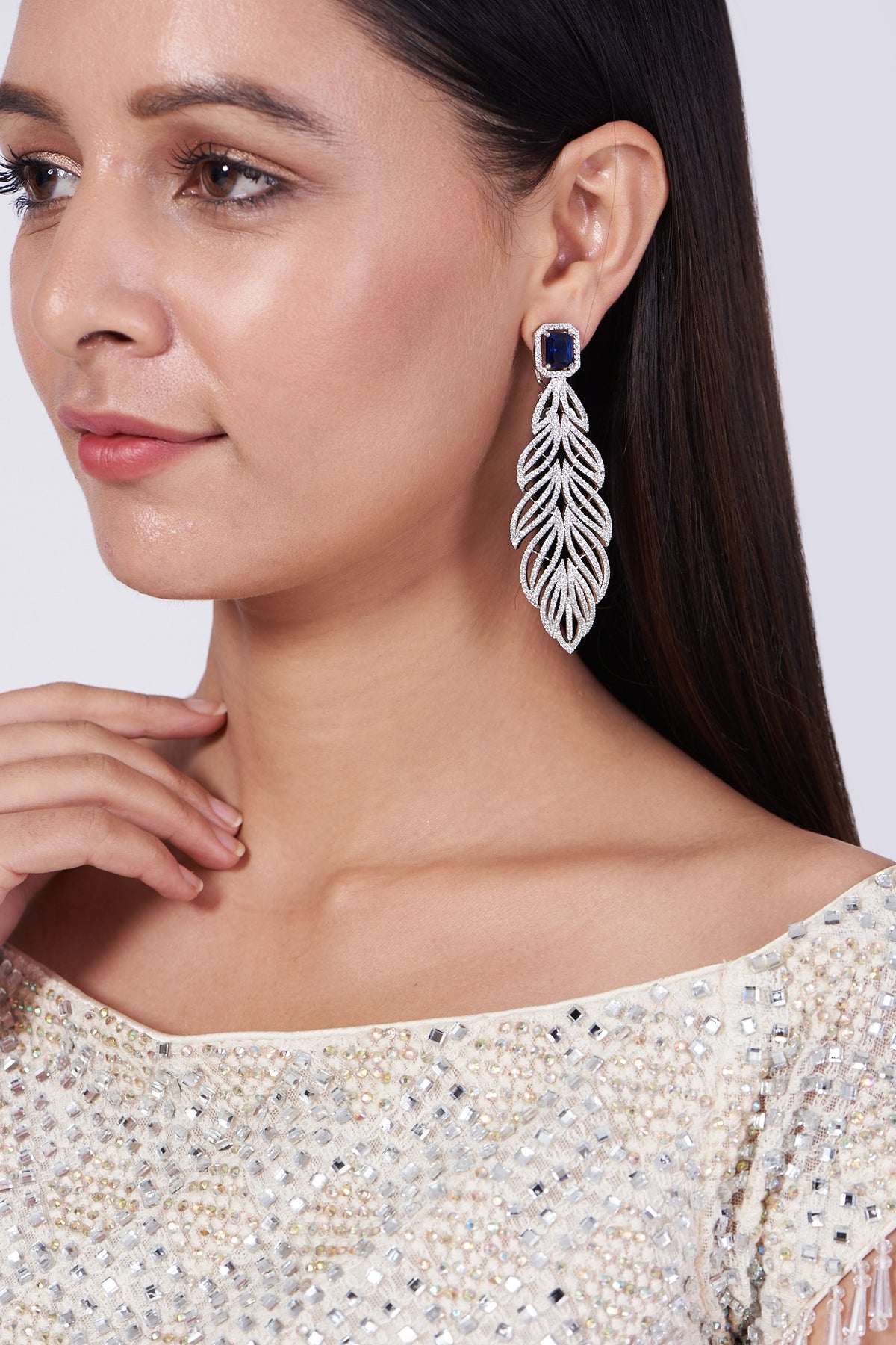 White Finish Faux Diamond Leaf Earrings