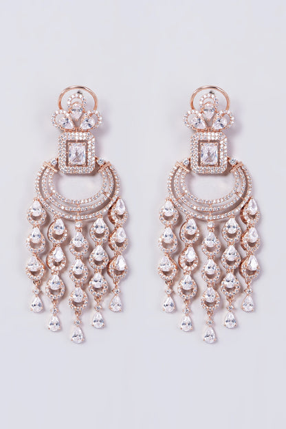 Rose Gold Finish Zircons Long Dangler Earrings